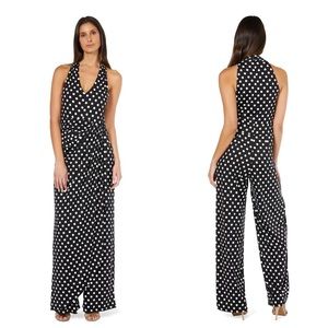 Marina Women’s V-Neck Side Drape Black White Polka Dot Jumpsuit Size 8 New